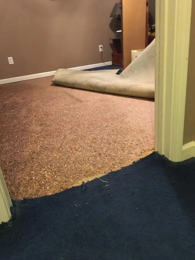 Carpet pad removal revealing water damage during Water Mitigation Services in Valinda